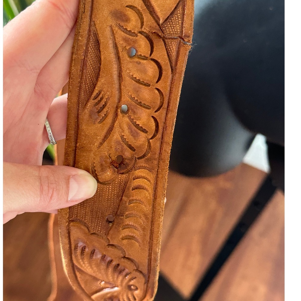 Vintage Ray Rhodes Resin Wood Belt Buckle Tooled Leather Belt Southwest Artisan - Picture 4 of 5